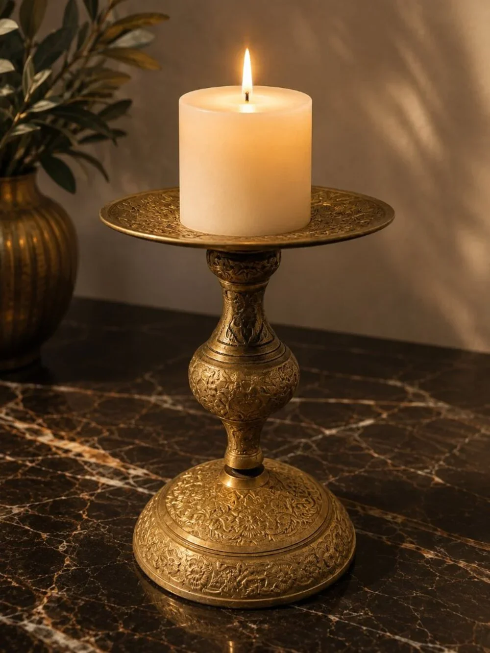 Vintage Ornate Brass Candle Holder Floral Engraved Pedestal Candlestick 5.5